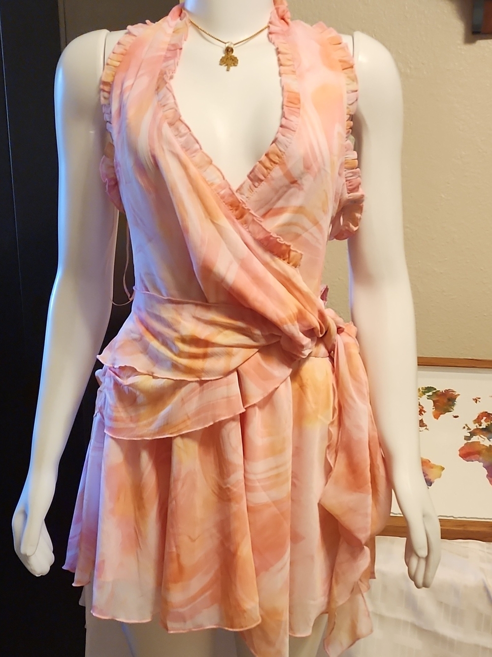 Peach-Pattern Ruffle Wrap Mini Dress